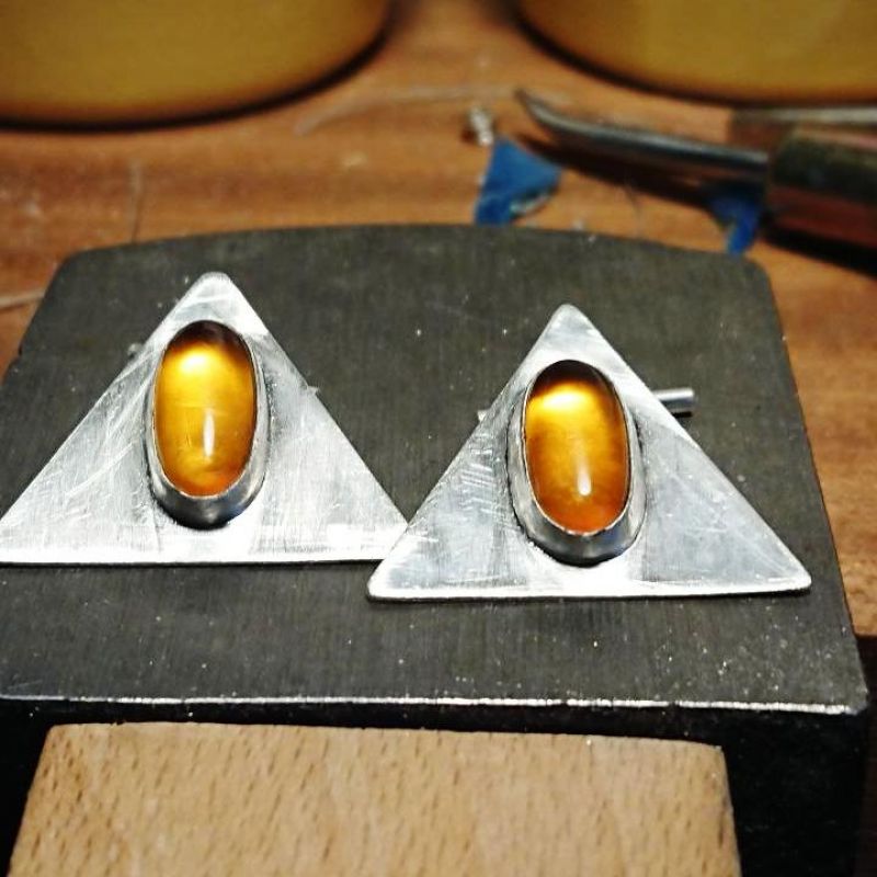 Handmade sterling silver amber bezel set triangle cufflinks